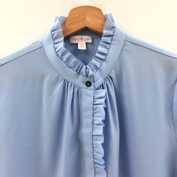 Riley & Rae baby Blue Stand Collar Ruffle trim button up Blouse Medium - Picture 5 of 9